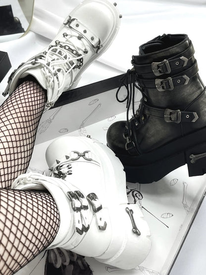 Straps with Studded Buckle White Details Platform Punk Boots