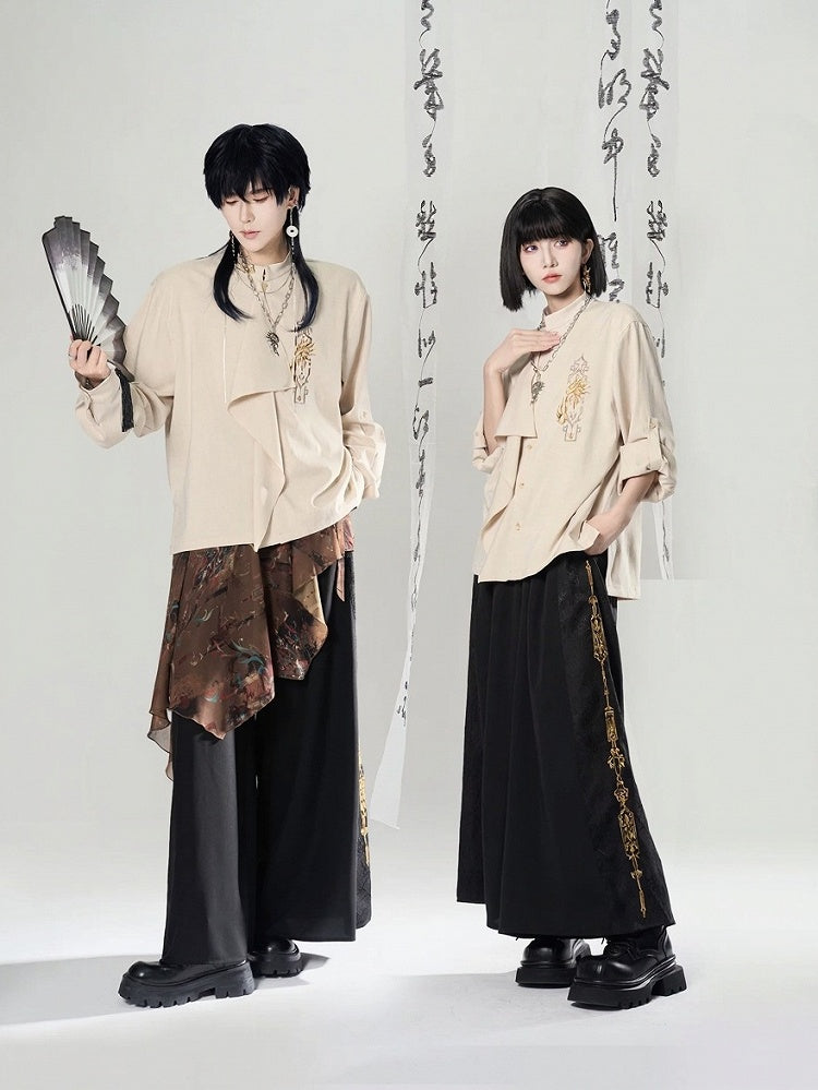 Long Blouse Embroidered Chinoiserie Sleeve Asymmetrical Ivory