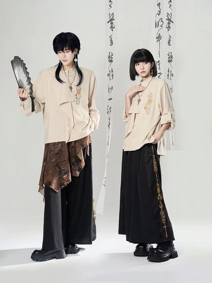 Long Blouse Embroidered Chinoiserie Sleeve Asymmetrical Ivory
