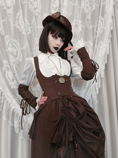 Braune Steampunk Lolita-Handfesseln mit Schnürdetail