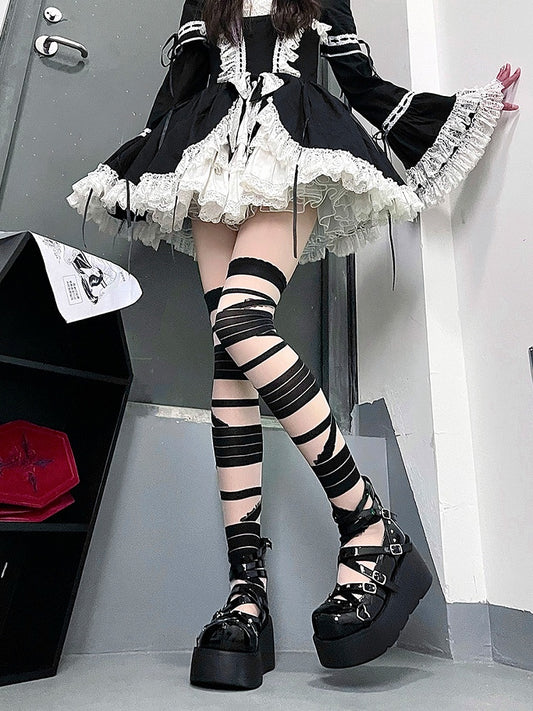 Stockings Knee Over Black/White Strappy Y2K Design