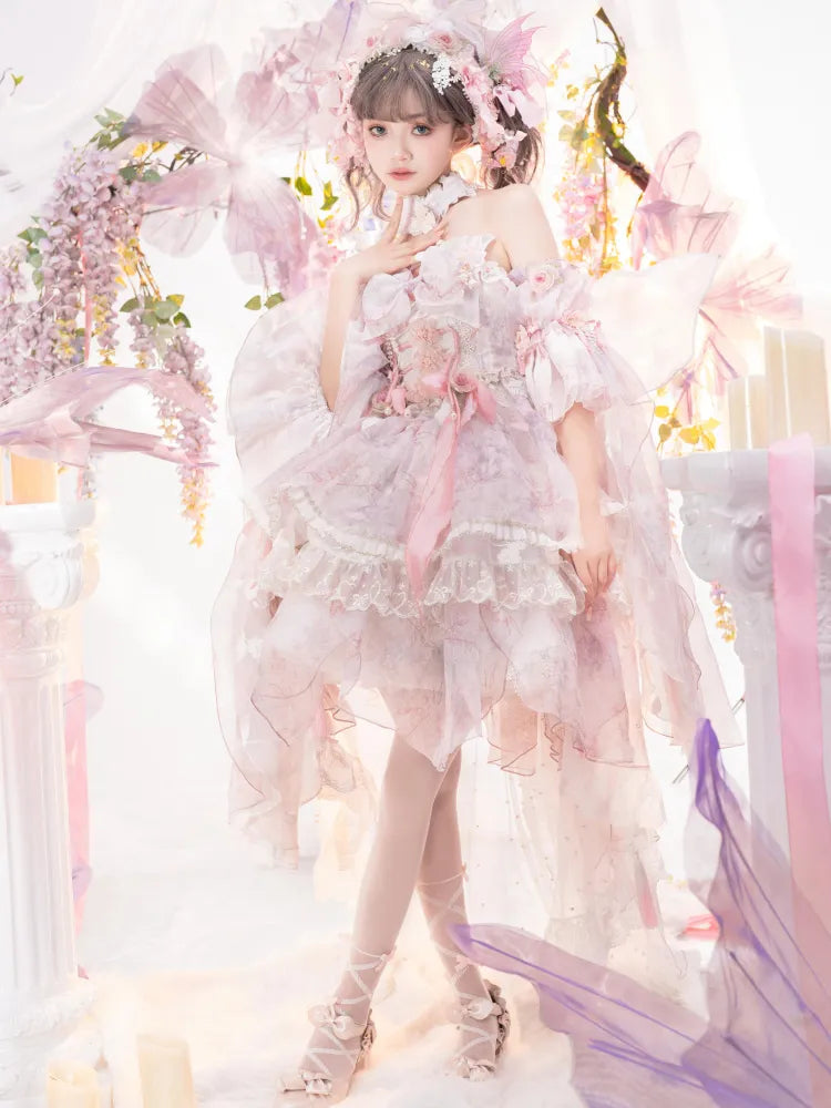 Rosa Prinzessin Fee Blumenmuster Set voller Schmetterling und JSK Kleid Lolita Blume