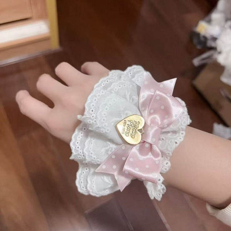 Lace Cuffs Polka-Dot Accents) Style Wrist Ruffled (Color: Pink Lolita Bow with White