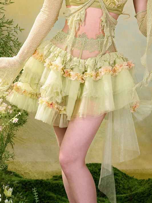 Green Fairycore Mori Layered Lace Skirt with Asymmetrical Hem - Virtual Orbit