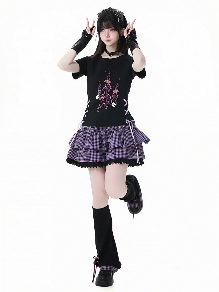 レッグウォーマー パープルチェック柄裾 ブラックレースアップディテール