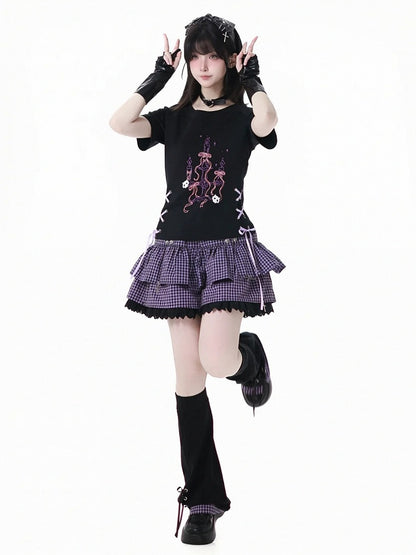 レッグウォーマー パープルチェック柄裾 ブラックレースアップディテール