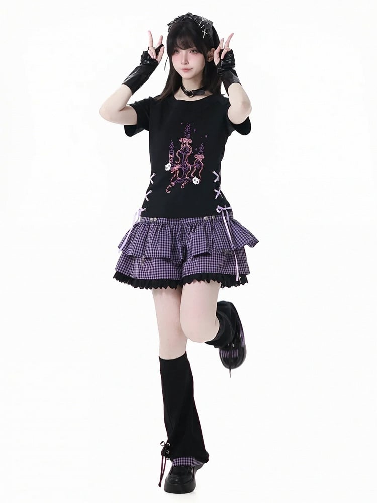 Y2K パープル 伸縮性ウエスト レーストリム チェック柄スコート