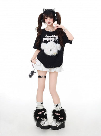 Loose Adorable Plush Puppy Black/Light Blue T-Shirt Round Neck