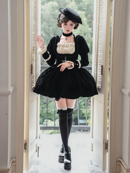 Autumn/Winter Lolita Waist + Brooch Boned for Choker Black Velvet Dress Set Version Bow Basque Short Hat