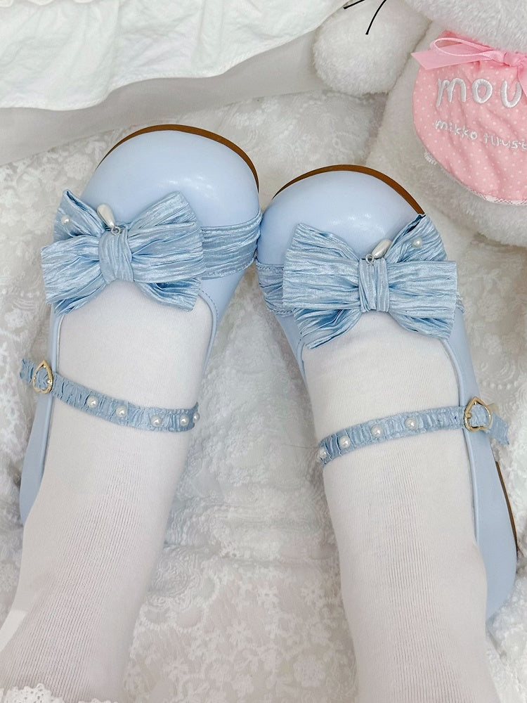 Blaue, mit Perlen verzierte Schuhe mit runder Spitze und Schleife und Herz-Licht-Lolita