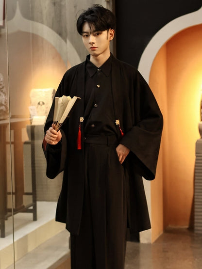 Unisex Details Coat Style with Chinese Sleeves Fringe Black Print Baggy Tree Long Mountain