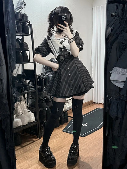 Black Striped Sailor Collar Short-Sleeve Dress with Cherry Blossom Embroidery and Matching Shorts - Dream Core Waves