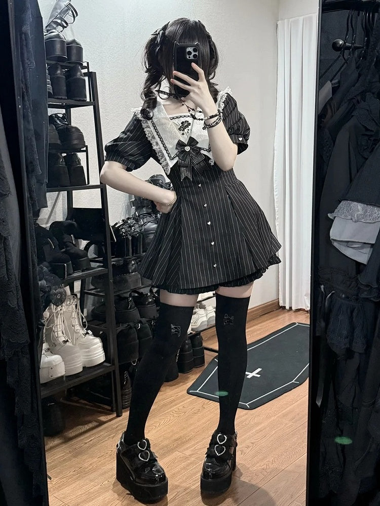 Black Striped Lace Sailor Collar Dress with Cherry Blossom Print and Shorts Set - Dream Core Waves
