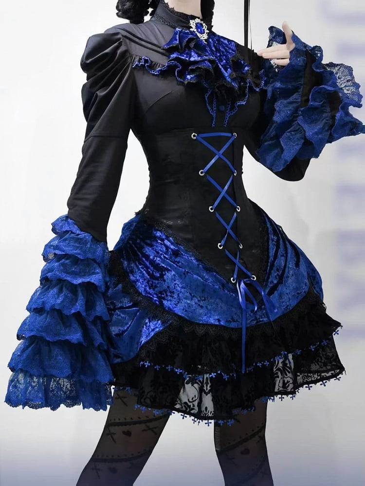 Black Sleeves Bell Lolita and Layered Gothic Shirt Klein Blue