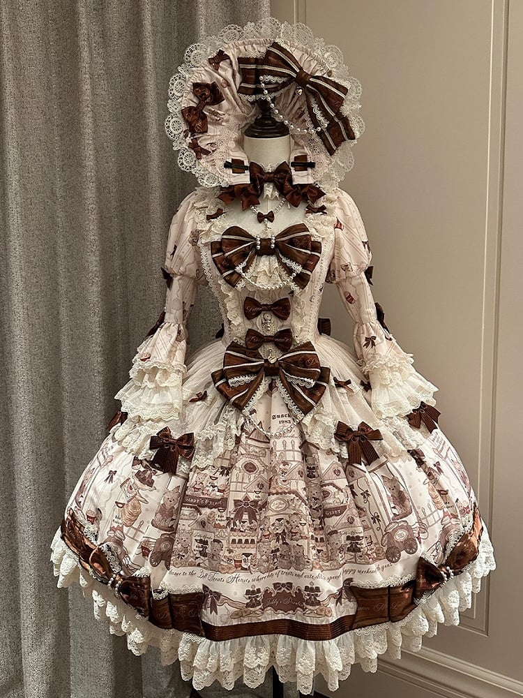 with Beige Print Sweet Bear Hem Bow Dress Brown Sleeves and Lace Little Accents Bell Lolita
