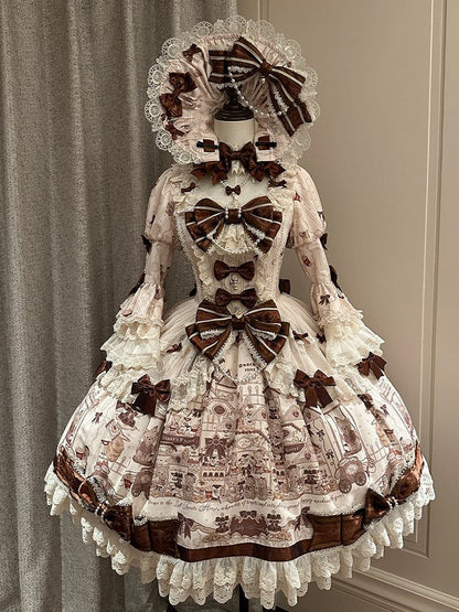 with Beige Print Sweet Bear Hem Bow Dress Brown Sleeves and Lace Little Accents Bell Lolita