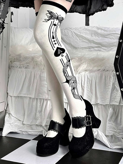 Cross Spades Poker/Ace Black Print Stockings Over-knee of Butterfly