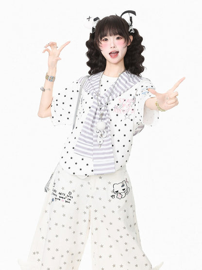 White Star Print Tee with Stripe Shawl and Hairclip - Languid Park