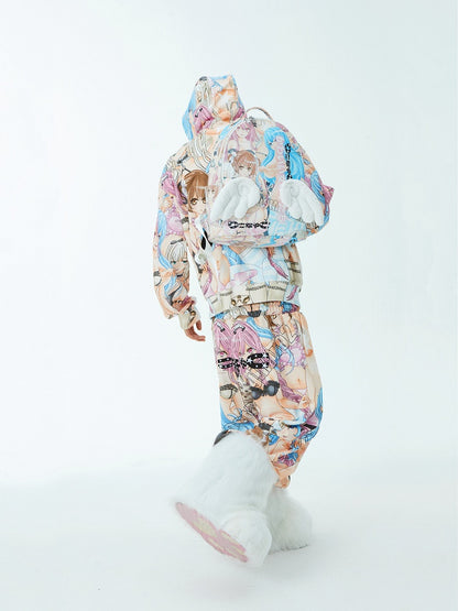 Elastische Taille Cartoon Print Straight Leg Hose Bunt