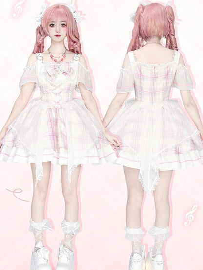Neckline Plaid Sweet Pink Idol Lolita Jumper Off-the-shoulder