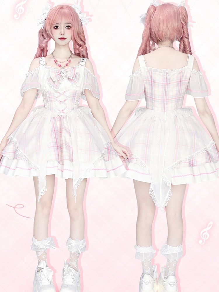 with Off-the-shoulder Pink Skirt Neckline Sweet Bowtie Lolita Jumper Free Idol Plaid