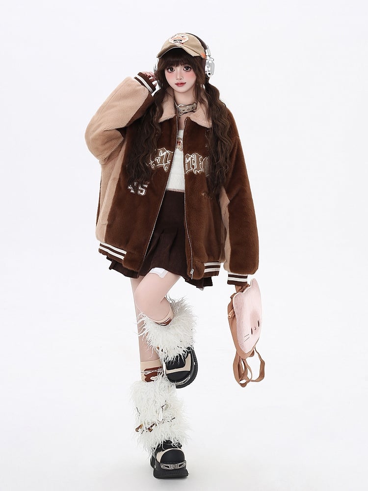 Jacket with Embroidery Fleece Brown Baseball Deep Letter Heart