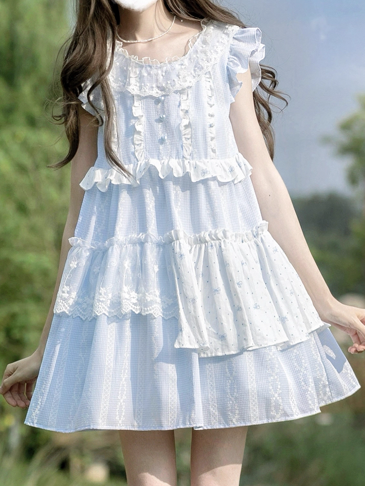 Light Blue Patchwork Design Sweet Flutter Sleeves Dress