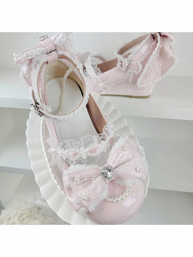 Pink Lace Bowknot 5cm Slope Heel Shoes Pearl Chain - Meng Ka Jiang