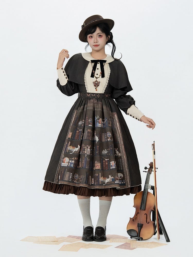 Dark Brown Bookshelf Print Long Sleeve Lolita Dress Cape - Miss Point