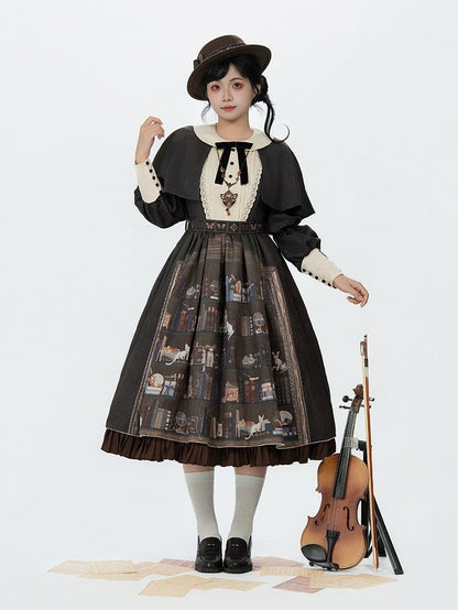 Dark Brown Bookshelf Print Long Sleeve Lolita Dress Cape - Miss Point