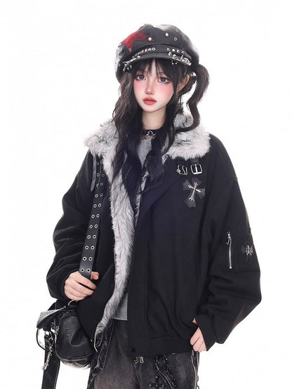 Jacket Plush Blouson Brown/Black Collar with Punk Fleece-lined