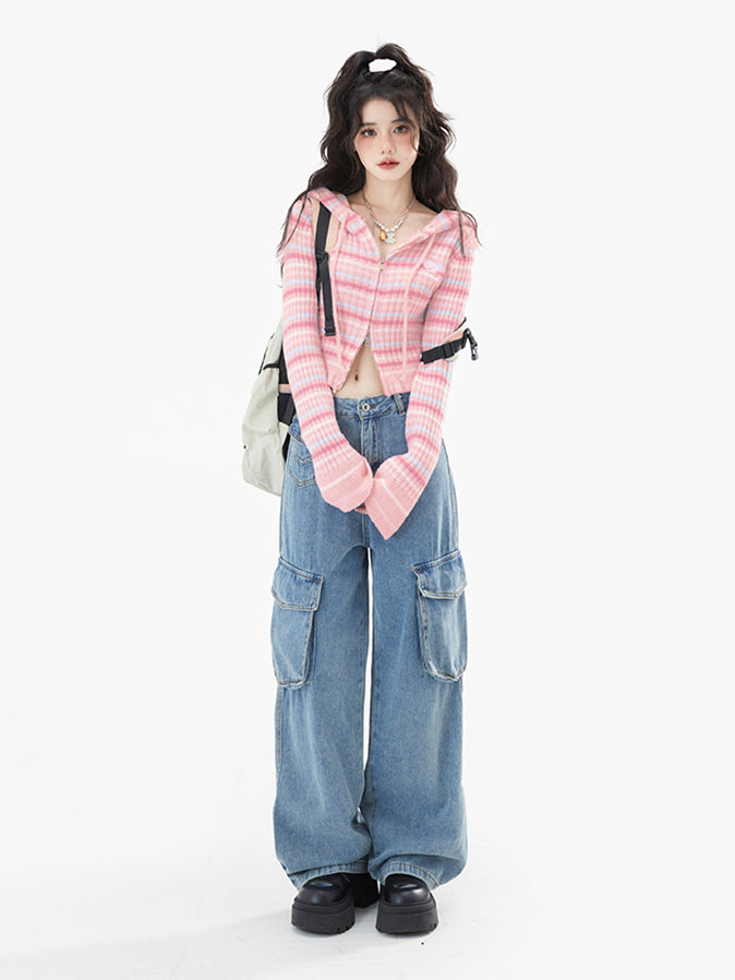 ブラック柄ストライプフードカーディガン / ピンク