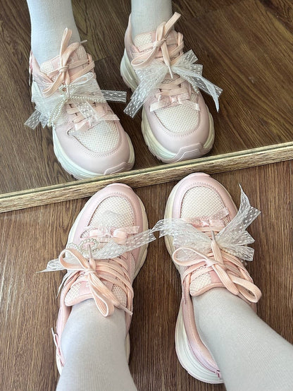 Front Lace-up Details Ties Sneakers Bowknot Decorated Beaded Pink