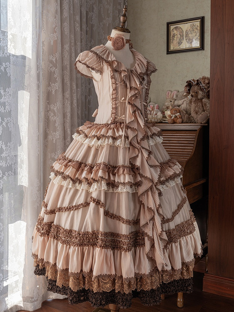 Cascading House Ruffle Front Style Placket Dress Pink Coffee Straps Lolita Self-tie
