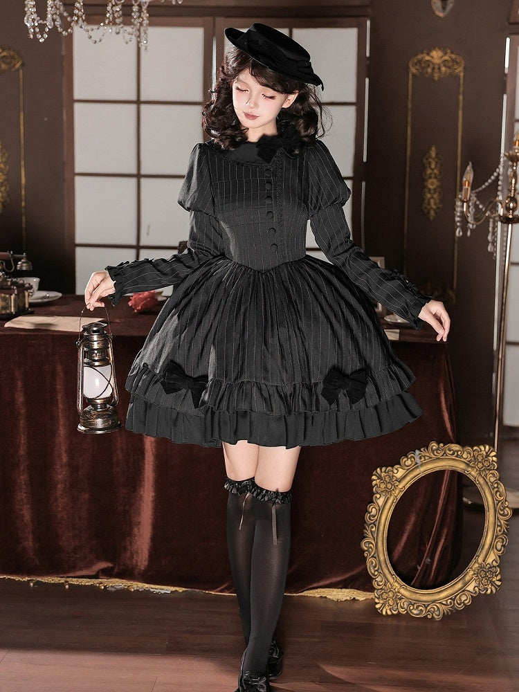 Black Striped Long Sleeve Short Lolita OP Dress with Mini Hat & 2-Way Bow Brooch Set - With PUJI