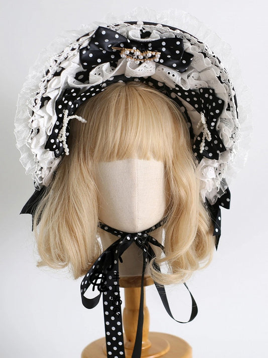 Polka - White Dot Lace Bonnet Design Lolita Pearl Heart Black