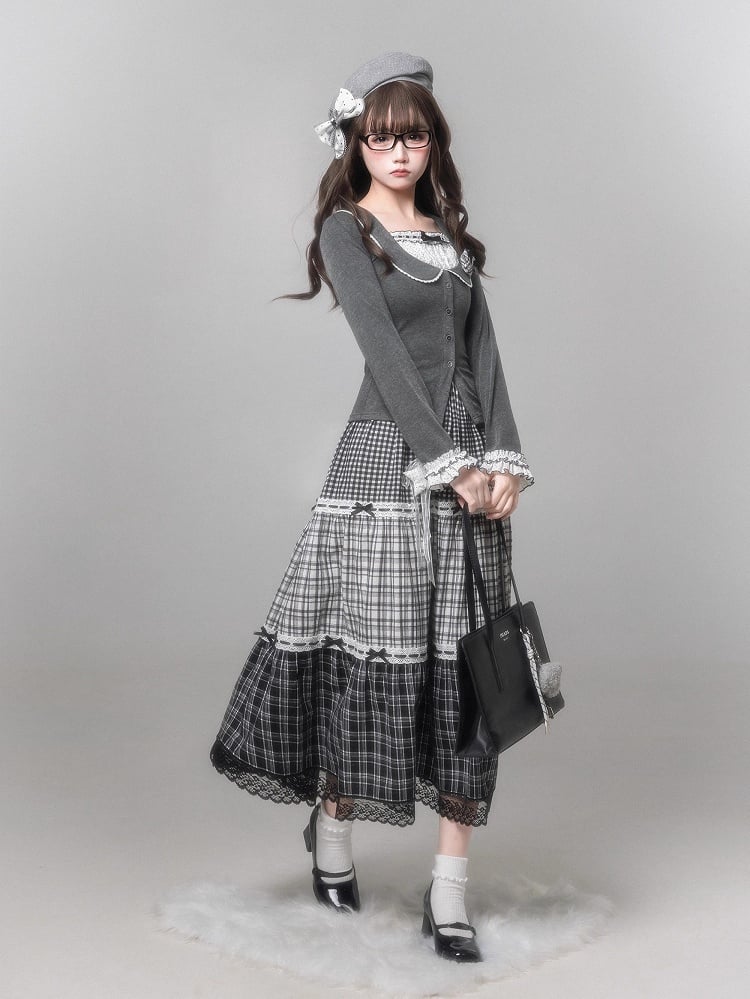 Plaid Star Ruffle Jirai Embellishment Black Removable Gray Skirt Bow Kei Trim with
