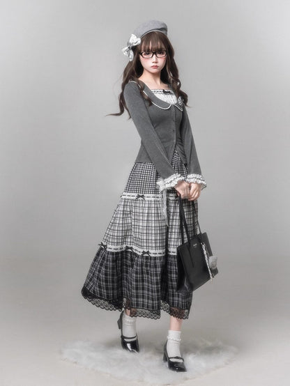 Plaid Star Ruffle Jirai Embellishment Black Removable Gray Skirt Bow Kei Trim with