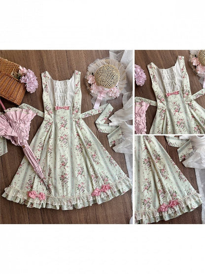 Light Green Floral Print Classic Bustier JSK Dress with Back Lace-Up - Miss Cube Dressworks