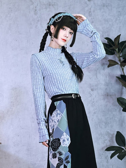 Camellia Blue Double-Layer Top Fitted Cheongsam with Hem Oriole Embroidery