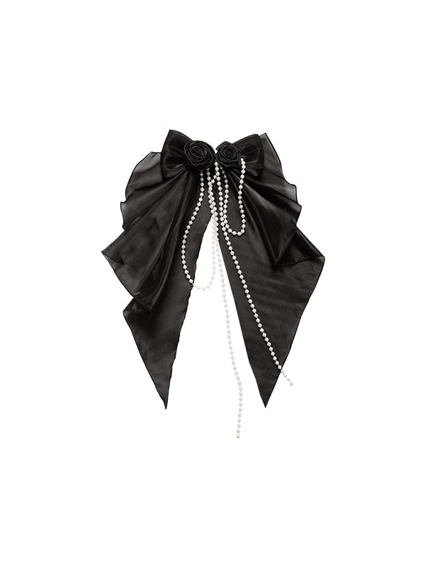 Decorated Bead Chain Bow Black and Rose Brooch