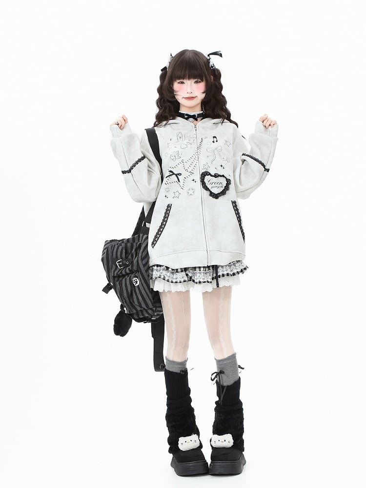 Ear with Gray/Pink Bunny Bow Regular/Thicken Lace-Trimmed Blue/Light Hoodie Accents