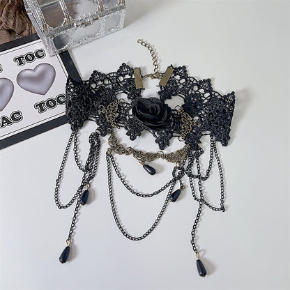 Black Lace Rosette Choker with Triple Layered Chains