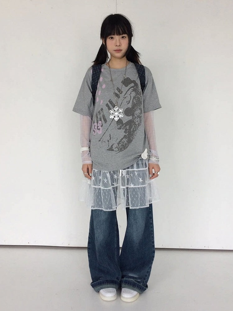 Gray Crew Neck Tee with Distressed Print - innomoood