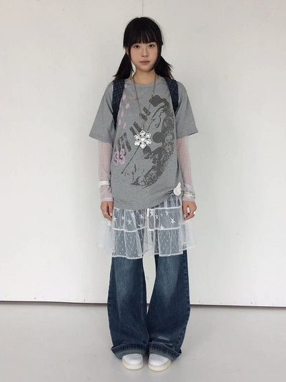 Gray Crew Neck Tee with Distressed Print - innomoood