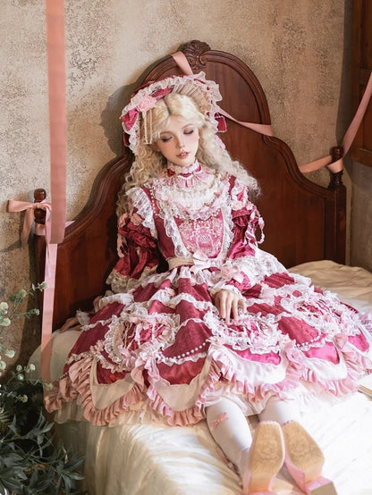 Hanayome Details Bead Embroidery Chain and Rosette Dress Rose Floral Lolita Pink
