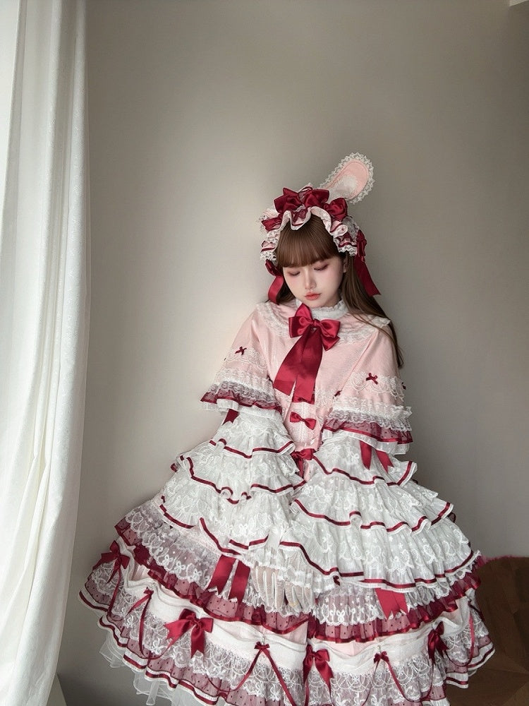 Pink Shimmering Ruffled Cape with Red Small Bows - Starry Messenger
