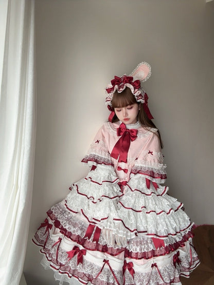 Pink Shimmering Ruffled Cape with Red Small Bows - Starry Messenger