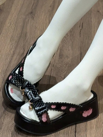 Strawberry-Print Black Chunky Sandals with Charm Accents - Witch's Night