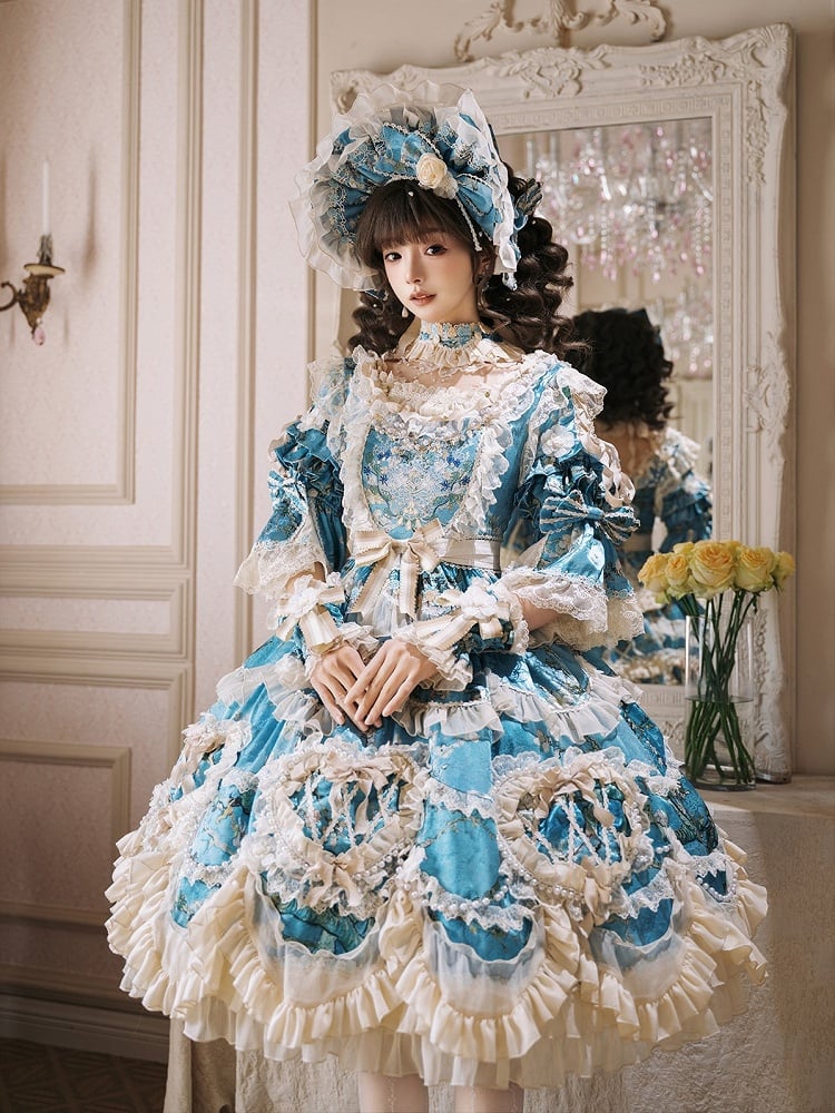 Floral Blue Edge with Hem Lolita Dress Print Scalloped Hime Lace
